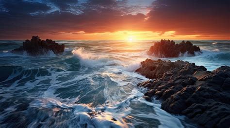 Paisaje marino con olas y rocas del océano al atardecer de neón IA