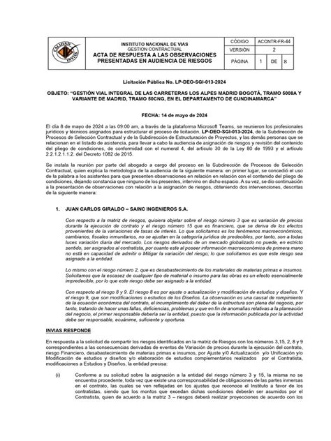 Acta De Respuesta A Observaciones Al Pliego De Condiciones Definitivo