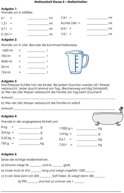 Klassenarbeit zu Größen und Maßeinheiten Klassenarbeiten mathe klasse