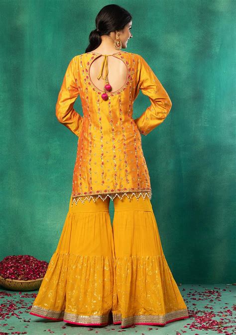 Buy Women Mustard Sequin Embroidered Sharara Set With Embellished Silk