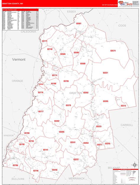 Grafton County Nh Zip Code Wall Map Red Line Style By Marketmaps