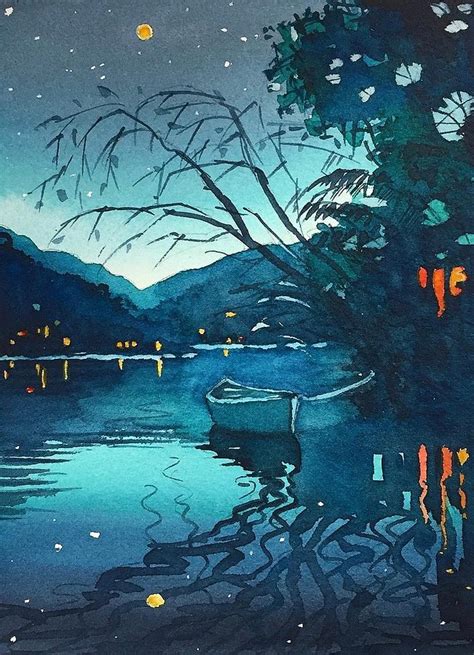 Starry Night Over The Lake Painting By Luisa Millicent Fine Art America