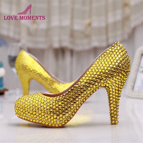 Gold Rhinestone Heels Handmade Sexy Women Platforms Bridal Wedding Shoes Evening Party Prom High