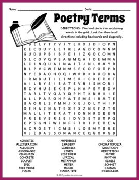 Poetry Word Search Poetry Vocabulary By Puzzles To Print TpT