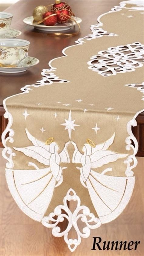 Embroidered Stars Christmas Angel Gold Silk Like Runner Elegant Table