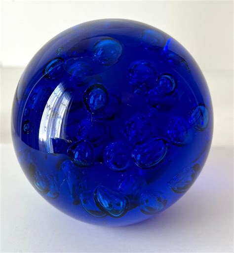 Brilliant Cobalt Blue Glass Paper Weight With Bubbles For Sale At