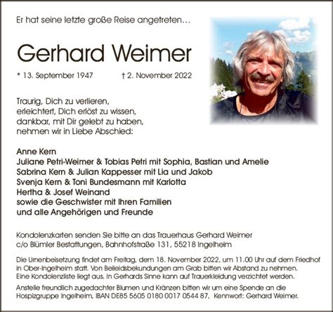 Traueranzeigen Von Gerhard Weimer Vrm Trauer De