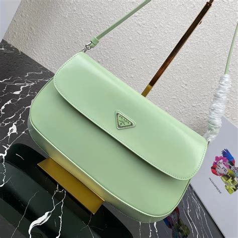 Prada Cleo Brushed Leather Shoulder Bag With Flap 1BH276 Green