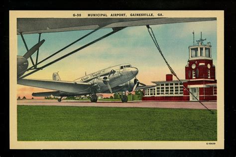 Georgia Ga Postcard Gainesville Municipal Airport Tower Plane Linen Ebay