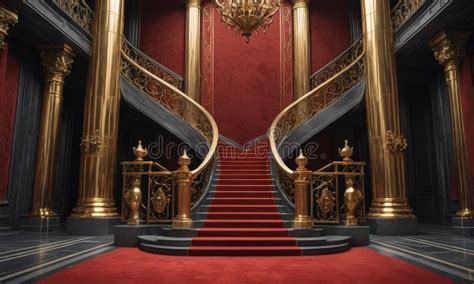 Grand Staircase With Ornate Gold Railings And Red Carpet Leads To