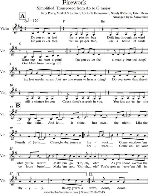 Firework Katy Perry Easy Violin Sheet Music Arrangement Sophie