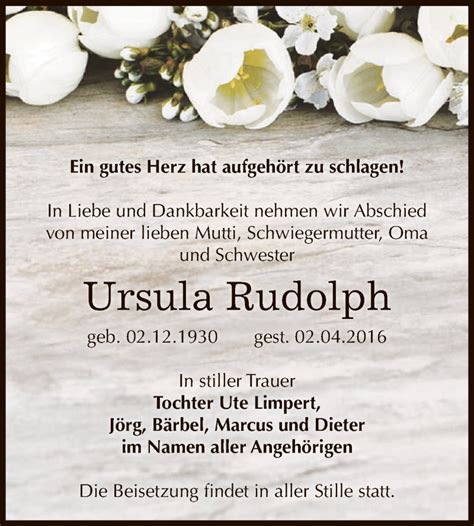 Traueranzeigen Von Ursula Rudolph Abschied Nehmen De