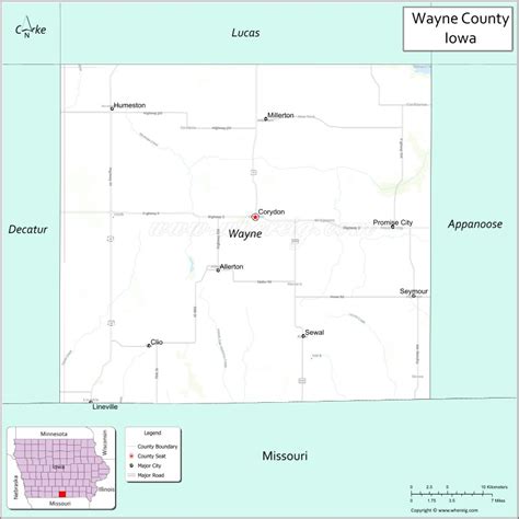 Map of Wayne County, Iowa showing cities, highways & important places ...