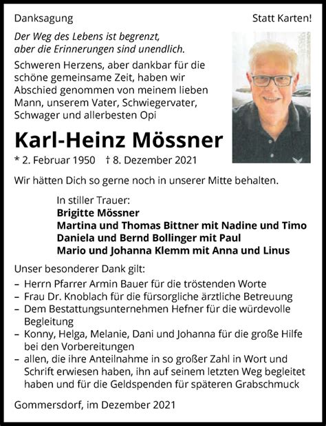 Traueranzeigen von Karl Heinz Mössner trauerundgedenken de