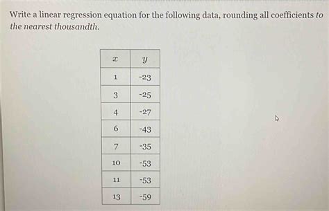 Write A Linear Regression Equation For The Following Data Rounding All