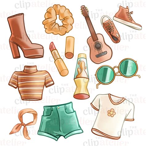 Retro Summer Fashion Clipart Illustrations 70s Flat Lay PNG - Etsy