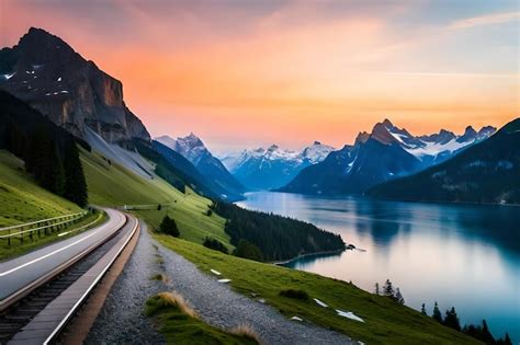 Premium Photo | A landscape with a road and mountains in the background