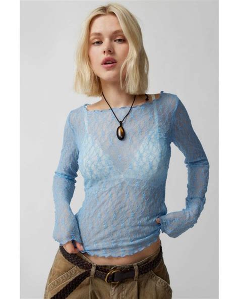 Out From Under Libby Sheer Lace Long Sleeve Top In Sky At Urban