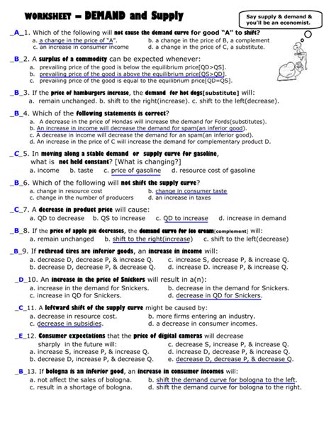 Shifts In Demand Worksheet Answers Printable Word Searches