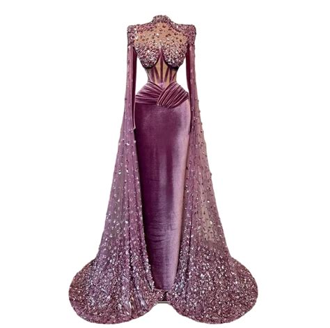 Vestidos De Noche Elegantes De Terciopelo Morado Con Mangas Largas Tipo