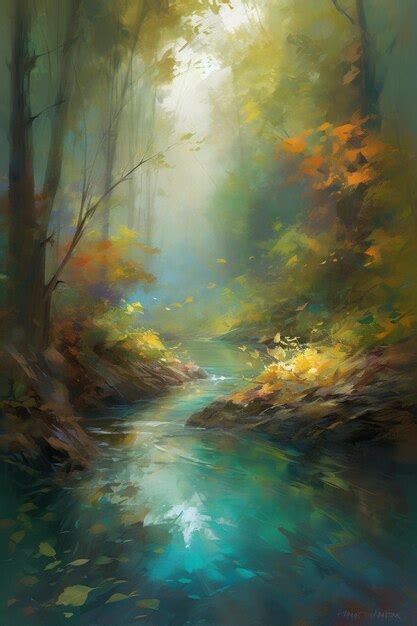 Premium AI Image | A painting of a river in autumn