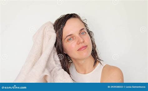 Hair Care Attractive Brunette Woman Wiping Wet Hair With Towel Having Pleased Expression Going