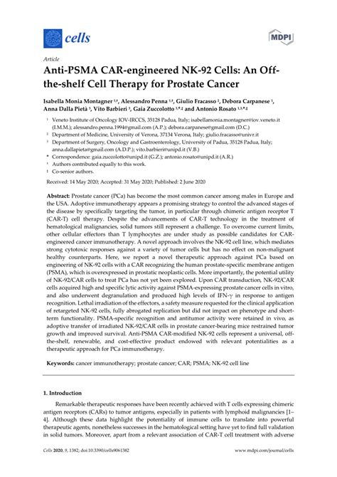 Pdf Anti Psma Car Engineered Nk 92 Cells An Off The Shelf Cell