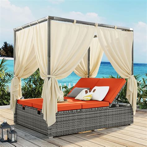 Bamooli Outdoor Canopy Bed Patio Pe Rattan Outdoor Chaise