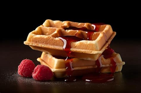 Premium Photo Waffles With Syrup And Raspberries On A Black Surface