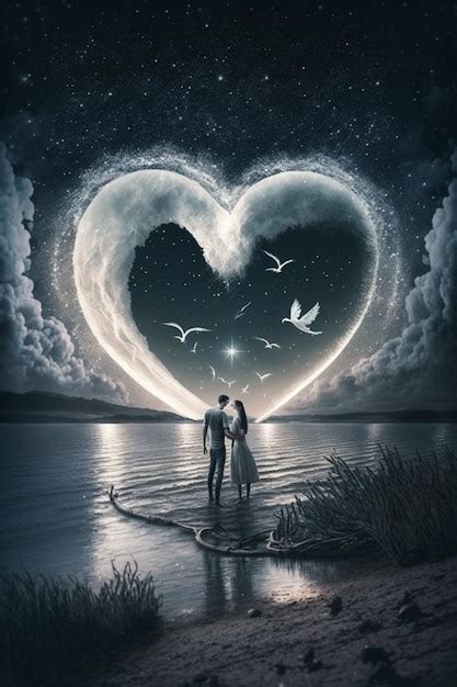 Premium AI Image A Couple Standing On A Beach With A Heart Shaped