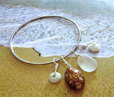 Puka Shell Sea Glass And Cowrie Bangle Stacking Bracelet Etsy