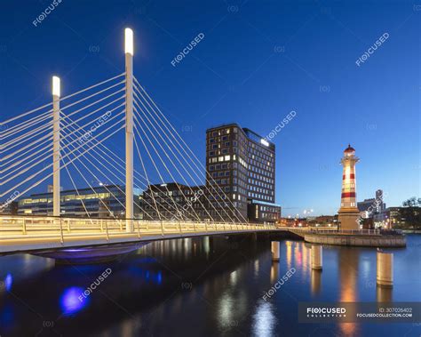 Bridge over river at sunset in Malmo, Sweden — connection, architecture ...