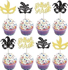 Amazon 24 Pack Mardi Gras Cupcake Toppers Glitter Masquerade Masks