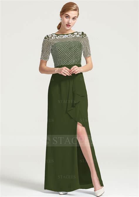 Sheath Column Bateau Short Sleeve Long Floor Length Chiffon Dress With