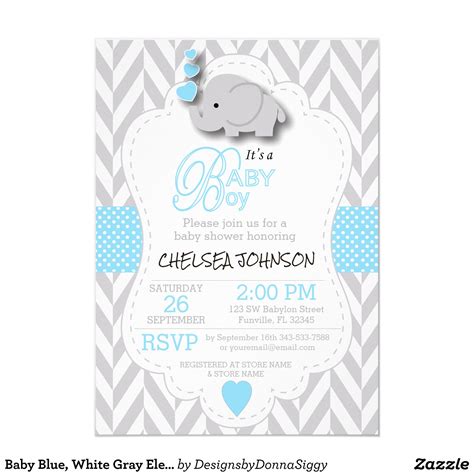 Invitación Azul bebé elefante gris blanco Baby Shower Zazzle