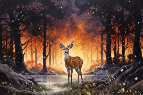 Premium AI Image | Digital painting of a deer in a forest at sunset ...