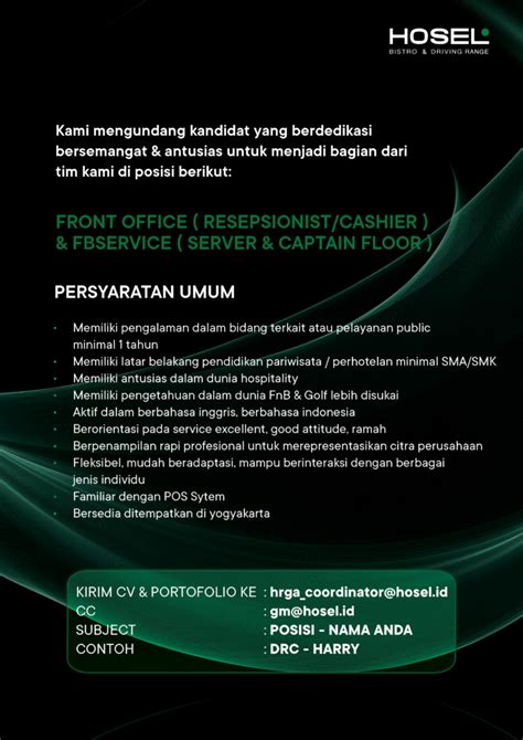 Lowongan Kerja Front Office FB Service General Admin Keuangan HR