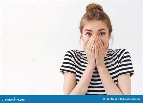 Close Up Surprised Astonished Speechless Good Looking Woman In Striped