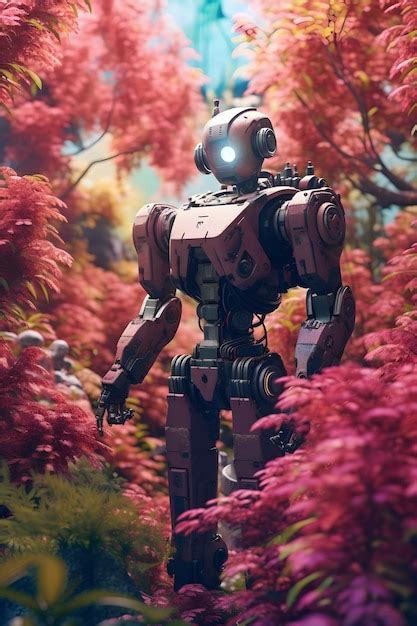 Premium AI Image | A futuristic garden with humanoid robot animals in a ...