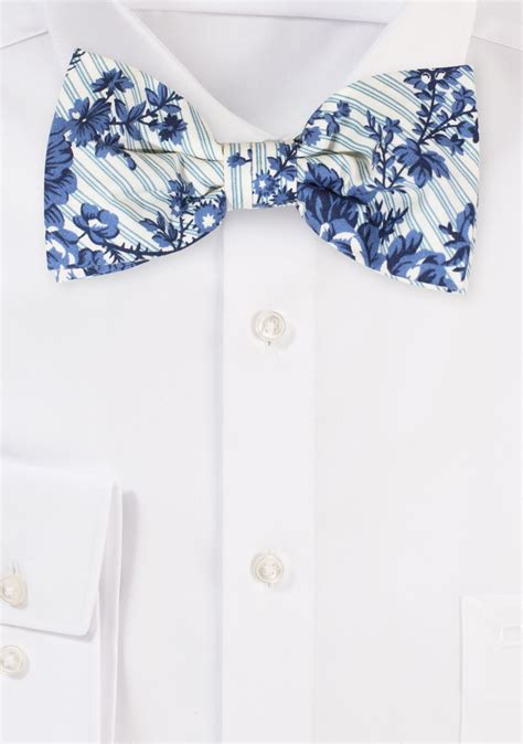 Blue And White Floral Bowtie Stripe And Flower Bow Tie In Blues