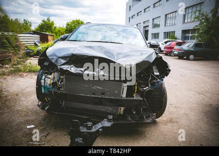 Front Of Black Modern Car Got Damaged By Accident On The Road