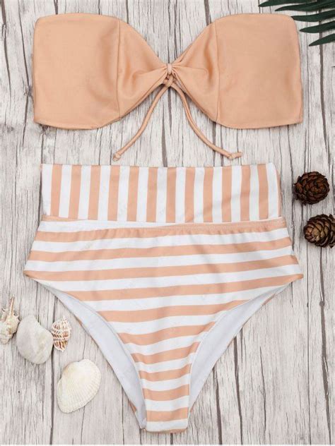 Off Bandeau Striped High Waisted Bikini Set In Orangepink