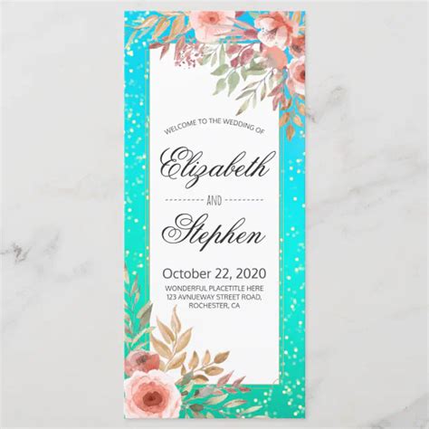 Elegant Wedding Program Pink Floral Teal Gold Dots Zazzle