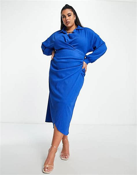 Asos Design Curve Textured Collared Wrap Midi Dress In Bright Blue Asos