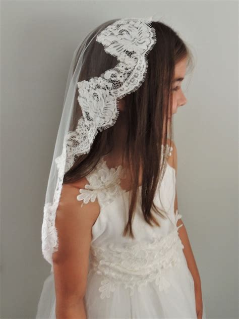 Mantilla Style First Holy Communion Veil Ivory Lace Trim Etsy