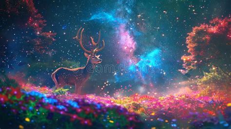 Cosmic Deer In A Beautiful Magic Forest In A Dreamy Starry Cosmic