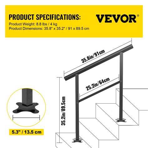 Vevor Outdoor Handrail 165lbs Load Handrail Outdoor Stairs Aluminum Stair Handrail 36 X 35