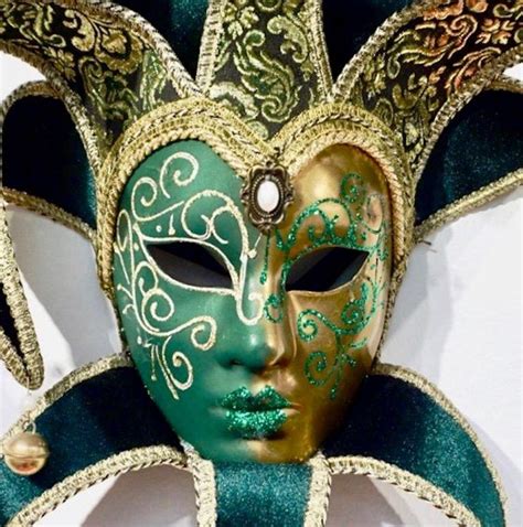 Venetian Green and Gold Modern Mask with Jester Collar and Bells at ...