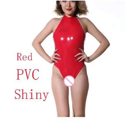 High Cut Swimsuit High Neck Halter Bodysuit PVC Shiny One Piece