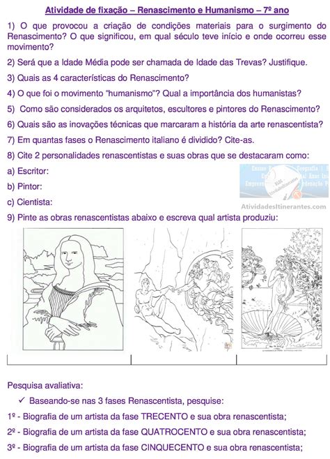 Atividade Sobre Renascimento E Humanismo 7 Ano ROAREDU